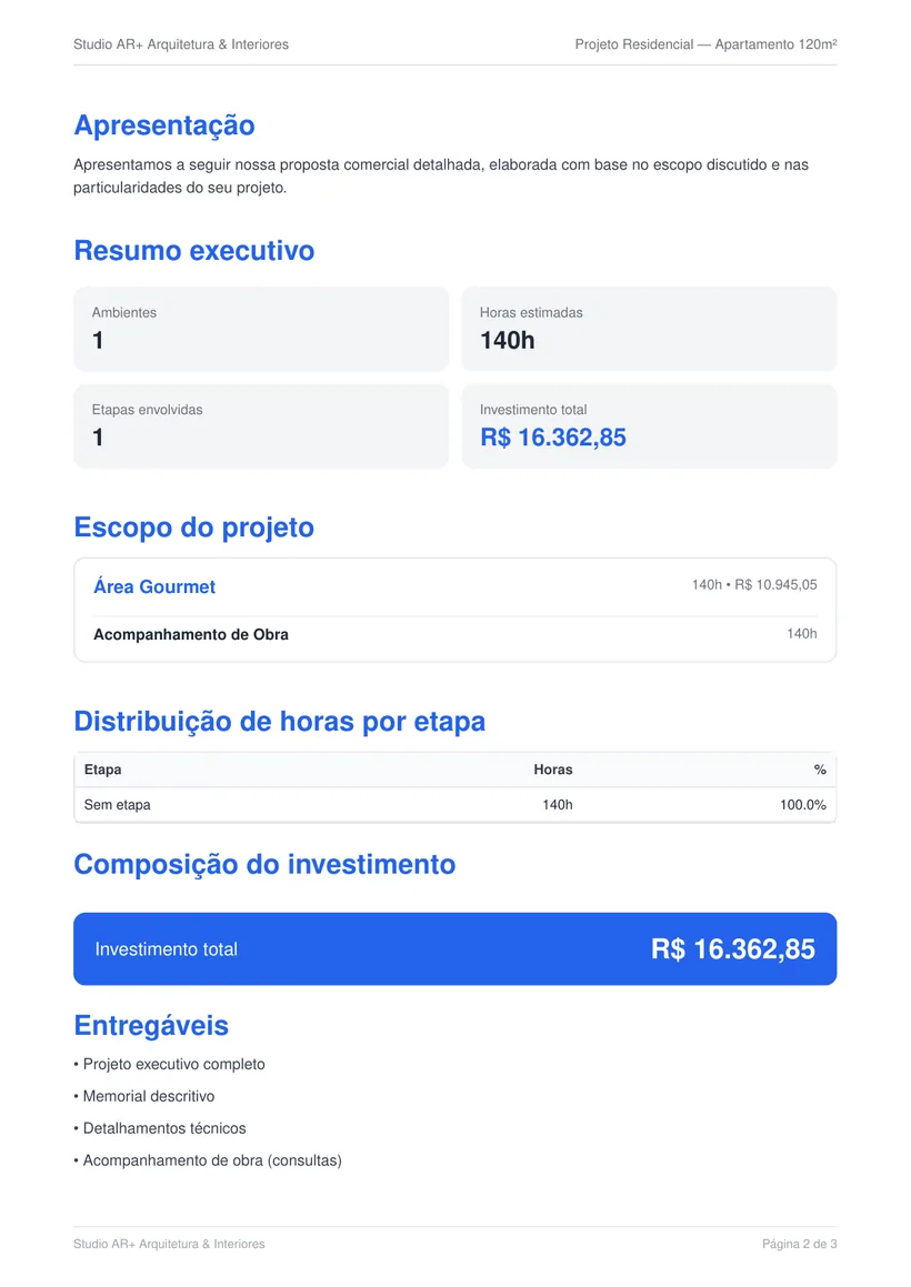 Página da proposta com escopo e investimento